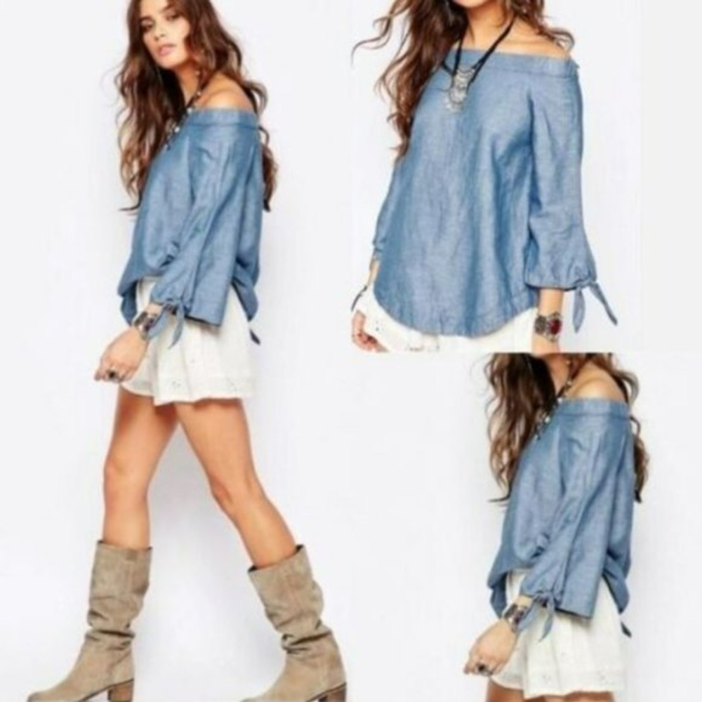 Free People Show Me Some Shoulder Chambray Top Lightweight‎ Blouse Size S